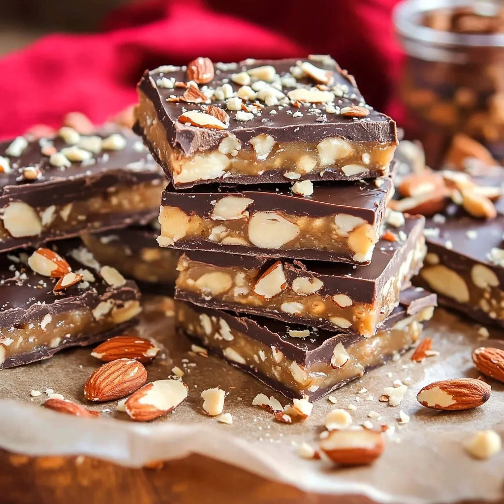 Delicious homemade almond toffee with nuts and caramel coating.