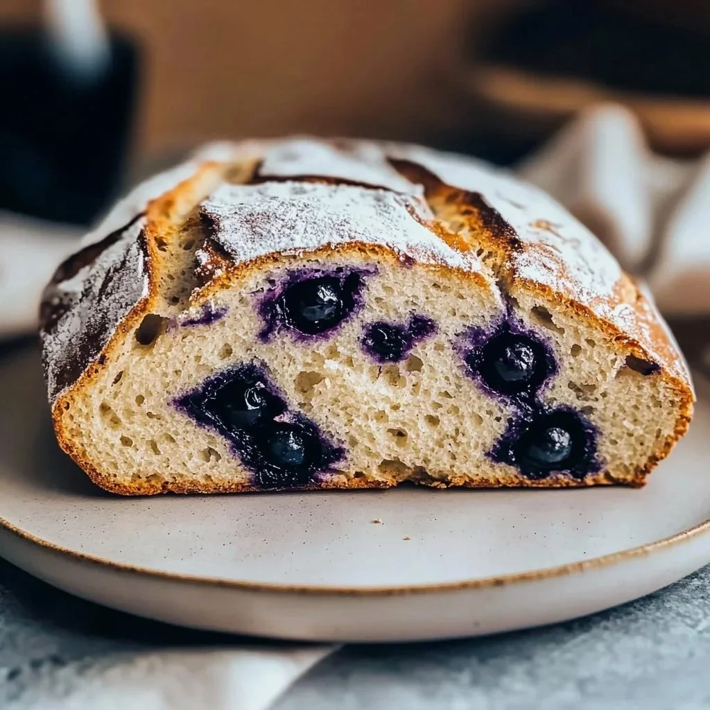 Freshly baked blueberry sourdough loaf with blueberries on a wooden surface
