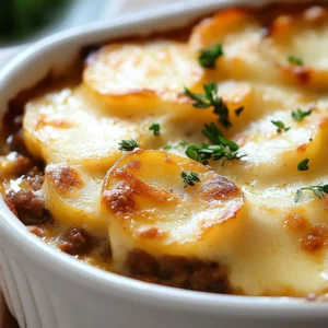 Cheesy hamburger potato casserole baked in a dish, topped with melted cheese.