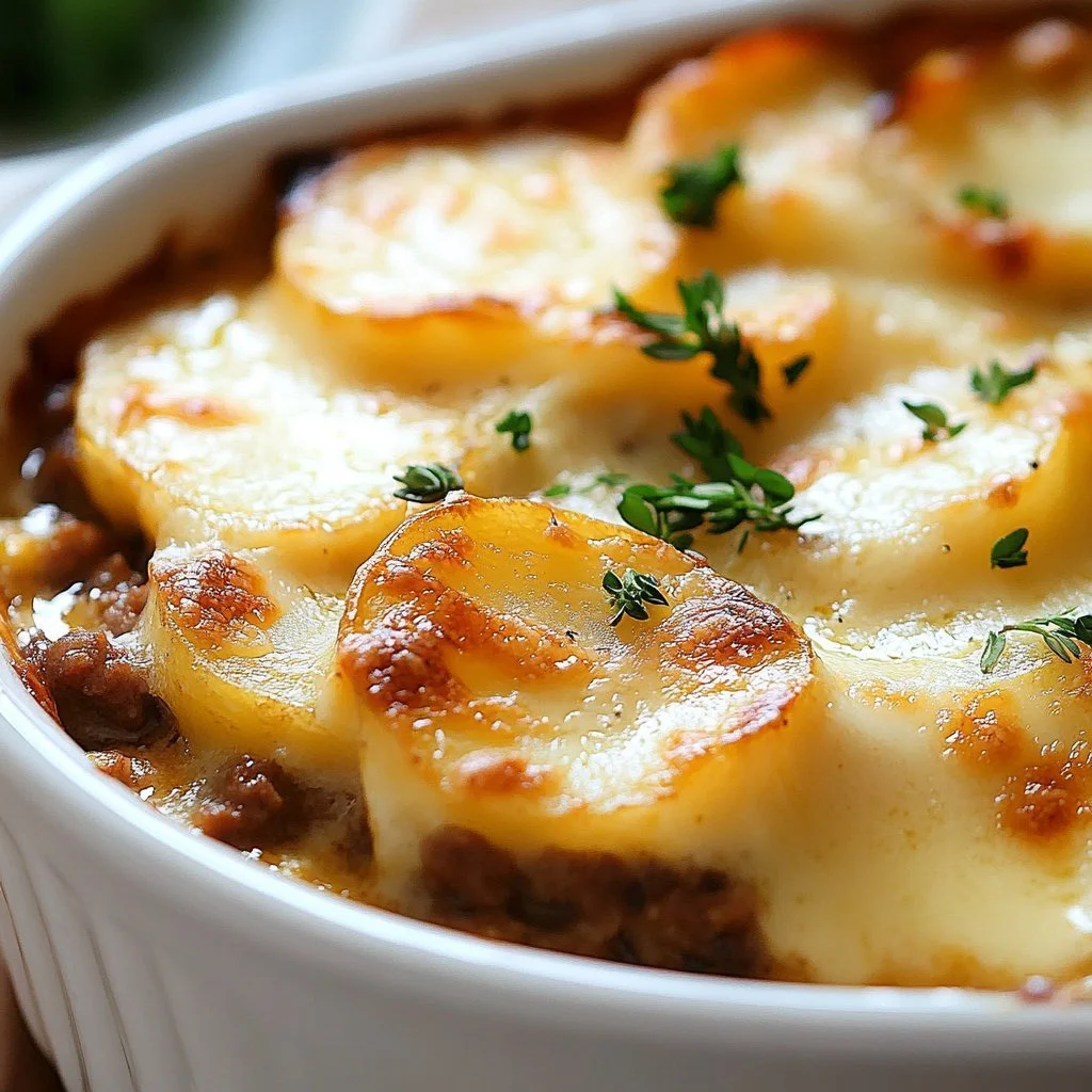Cheesy hamburger potato casserole baked in a dish, topped with melted cheese.