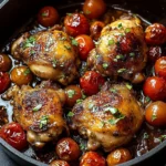 Za'atar Skillet Chicken Thighs with cherry tomatoes in a skillet
