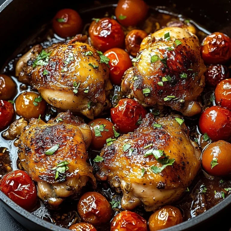 Za'atar Skillet Chicken Thighs with cherry tomatoes in a skillet