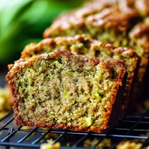 Slice of creamy Greek yogurt zucchini bread on a wooden cutting board