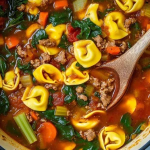 Bowl of creamy sausage tortellini soup garnished with herbs and cheese