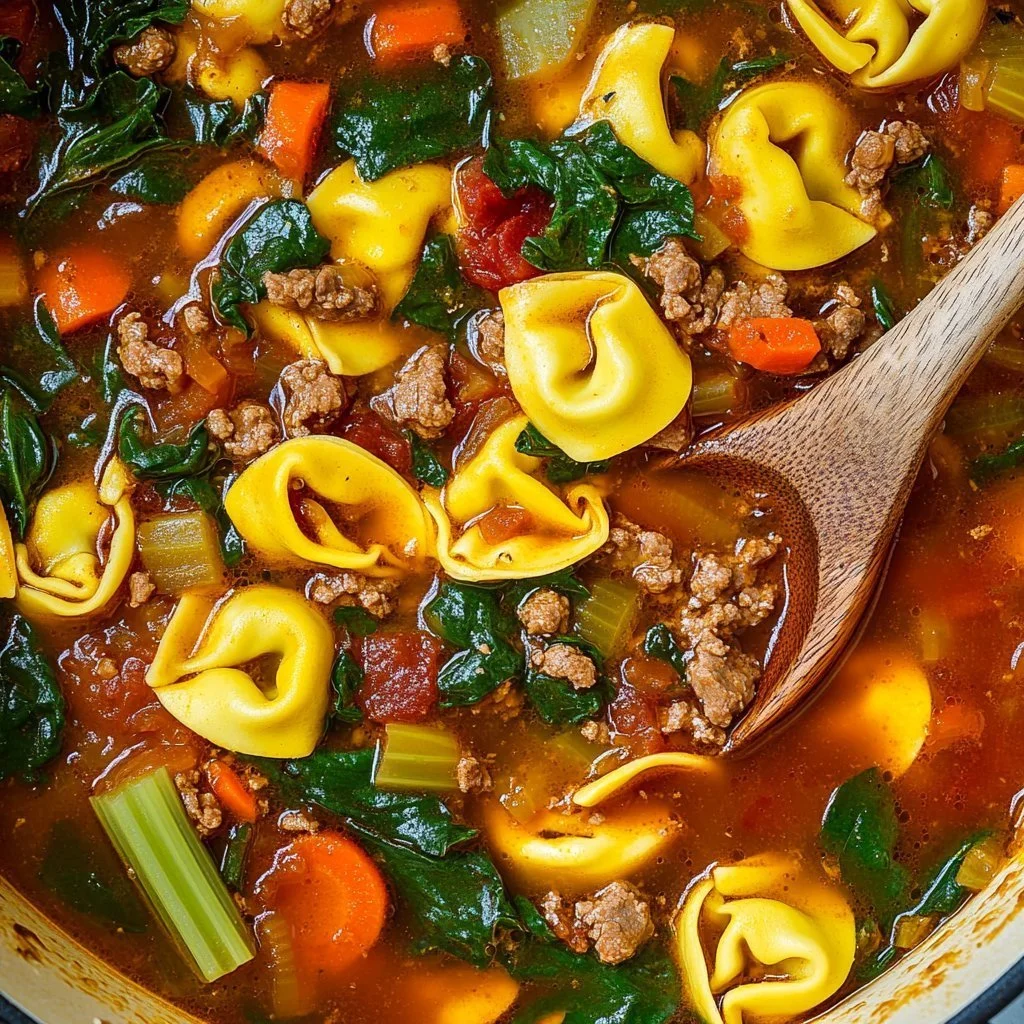 Bowl of creamy sausage tortellini soup garnished with herbs and cheese