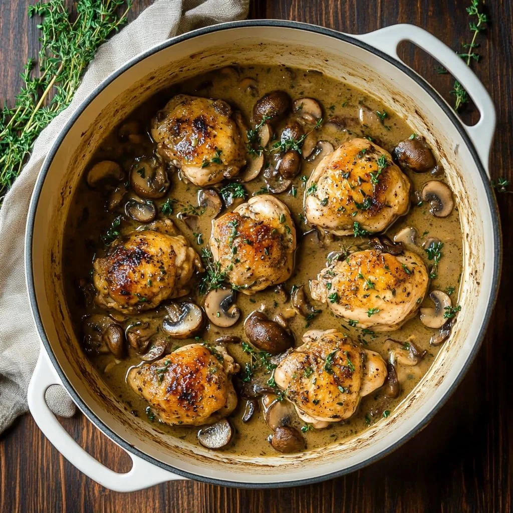 Creamy slow cooker mushroom chicken served with fresh herbs and vegetables.