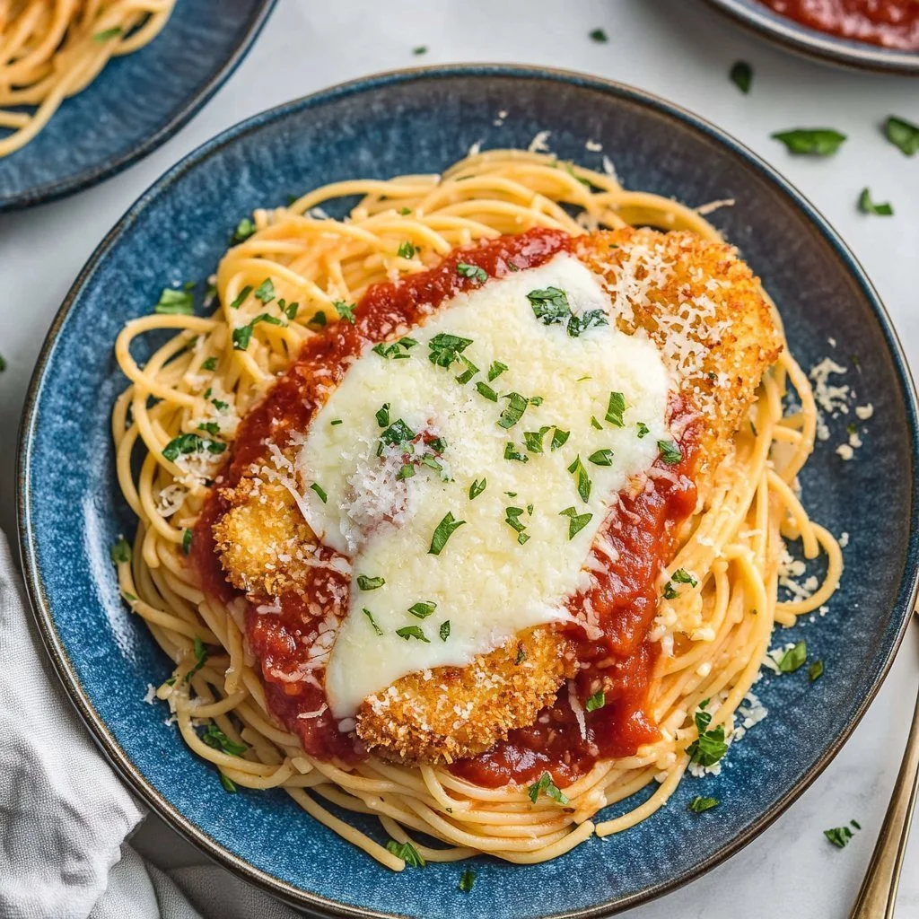 Plate of Crispy Chicken Parmesan topped with marinara and cheese