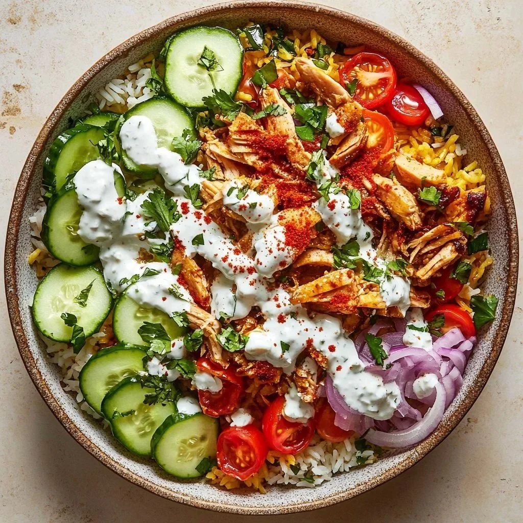 Crispy Rice Chicken Shawarma Salad with fresh vegetables and vibrant spices