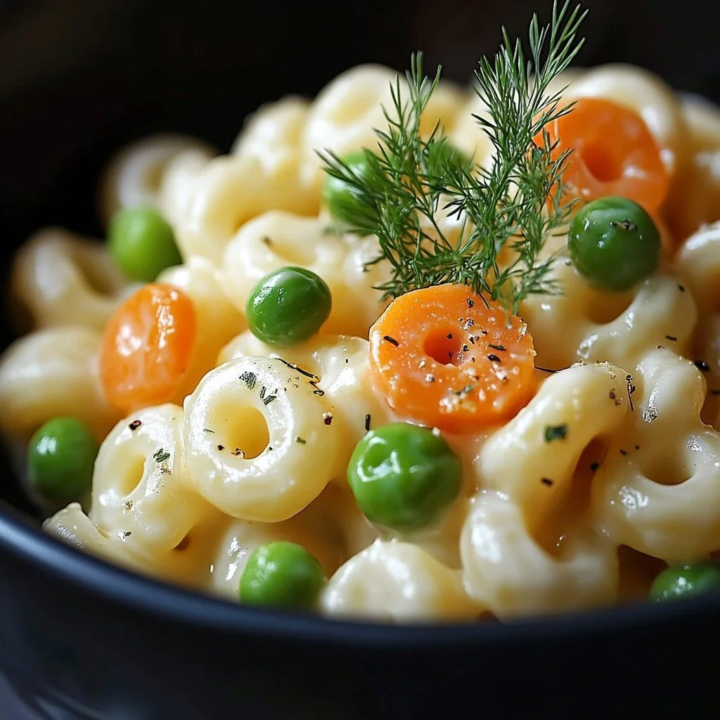 Dill-Infused Macaroni Salad in a bowl, garnished with fresh dill.