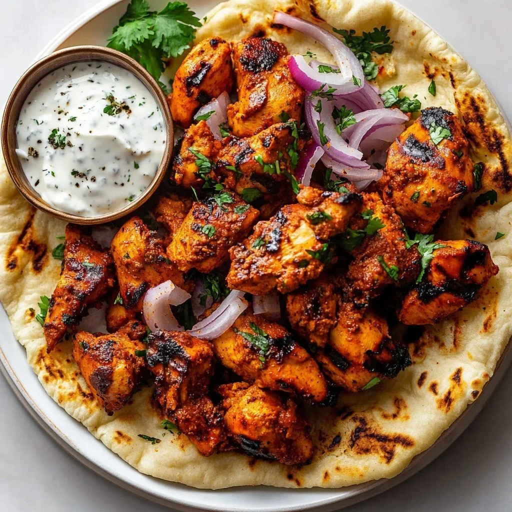 Delicious homemade chicken shawarma served with fresh vegetables and pita bread.