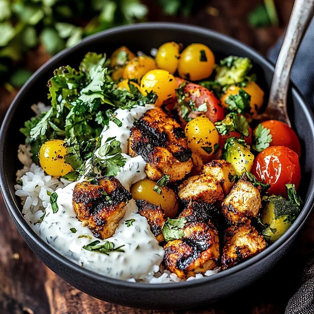 Greek Chicken Bowls topped with Tahini Feta and fresh vegetables