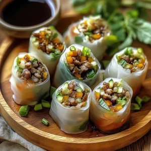 Delicious Thai Basil Beef Rolls served on a plate, garnished with herbs.