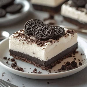 Delicious layered Oreo lasagna dessert topped with whipped cream and chocolate
