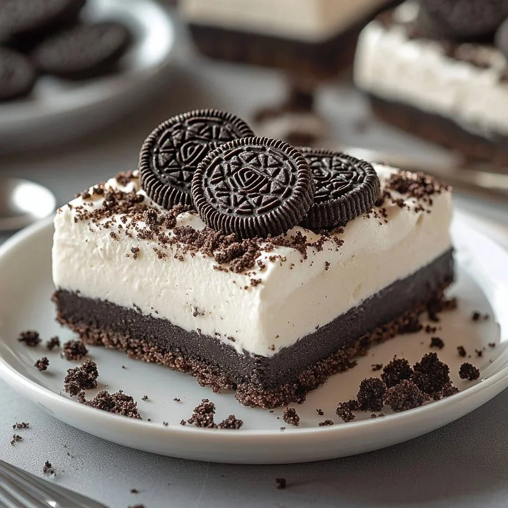 Delicious layered Oreo lasagna dessert topped with whipped cream and chocolate