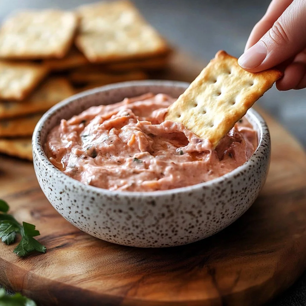 Puerto Rican Guava Cream Cheese Dip served in a bowl with crackers