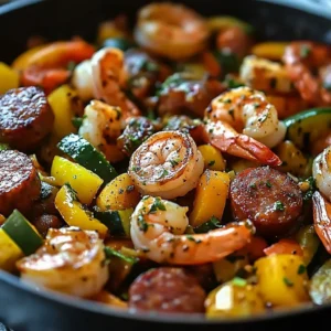 Delicious shrimp and sausage veggie skillet with vibrant vegetables