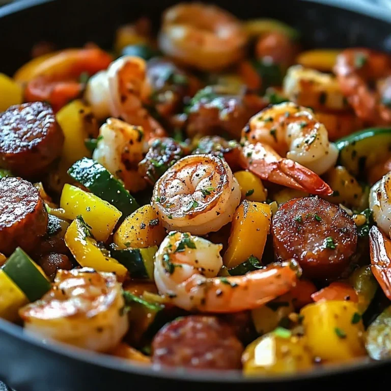 Delicious shrimp and sausage veggie skillet with vibrant vegetables