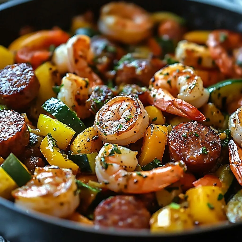 Delicious shrimp and sausage veggie skillet with vibrant vegetables
