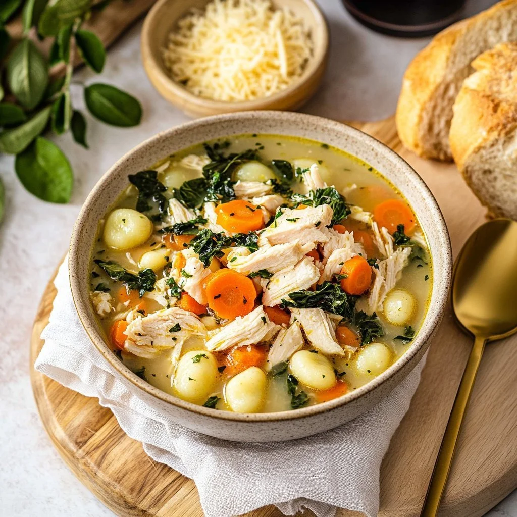 Delicious Slow Cooker Chicken Gnocchi Soup in a bowl with fresh herbs.