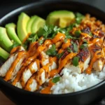 Plate of spicy maple chicken served with coconut rice and garnished with fresh herbs.