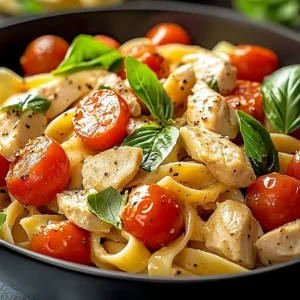 Plate of Tomato Chicken Pasta garnished with fresh basil and cherry tomatoes