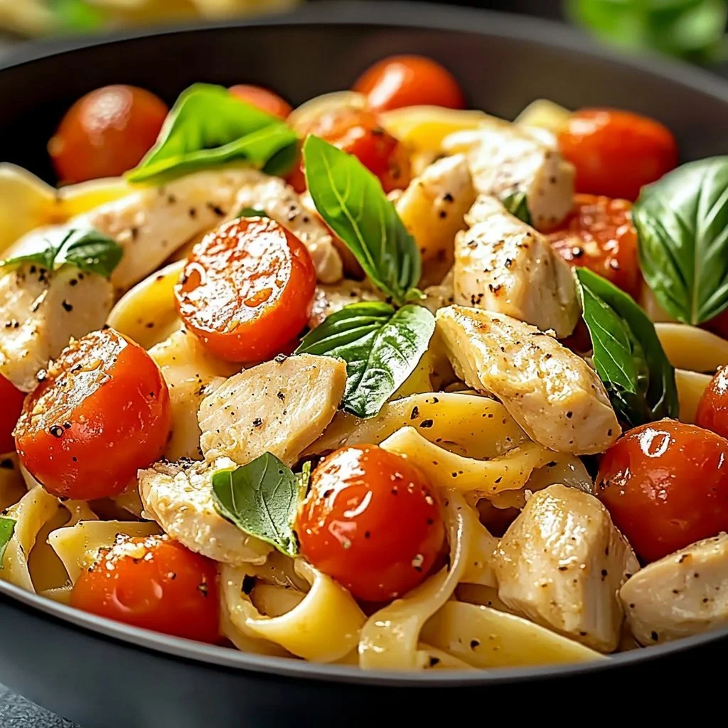 Plate of Tomato Chicken Pasta garnished with fresh basil and cherry tomatoes